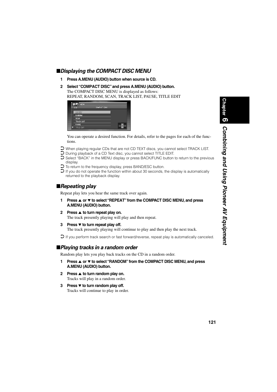 Repeating play, Playing tracks in a random order | Pioneer CNDV-20 User Manual | Page 123 / 200