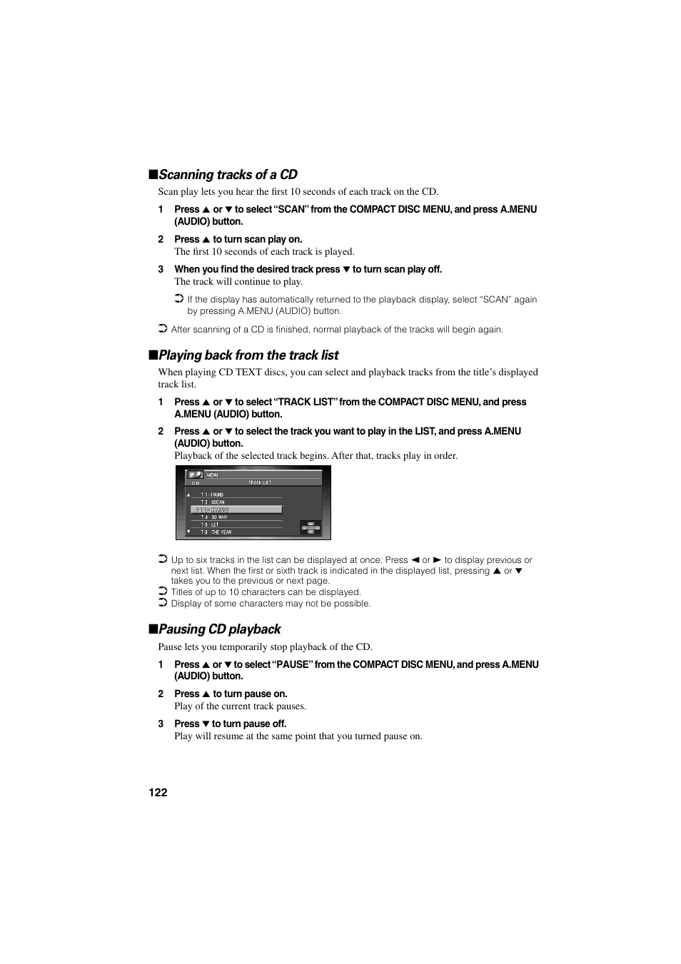 Scanning tracks of a cd, Playing back from the track list, Pausing cd playback | Pioneer CNDV-20 User Manual | Page 124 / 200