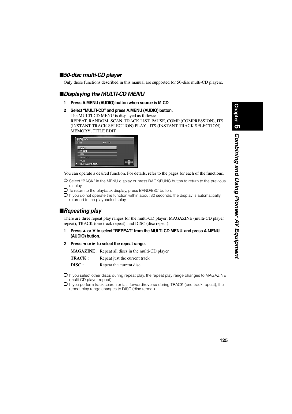 Displaying the multi-cd menu, Repeating play | Pioneer CNDV-20 User Manual | Page 127 / 200