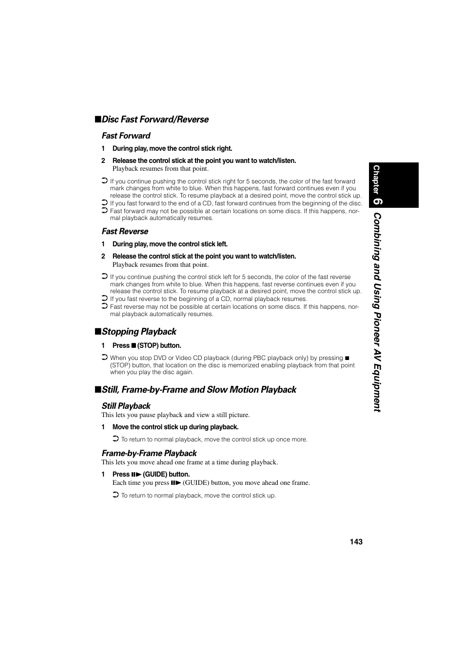 Stopping playback, Still, frame-by-frame and slow motion playback | Pioneer CNDV-20 User Manual | Page 145 / 200