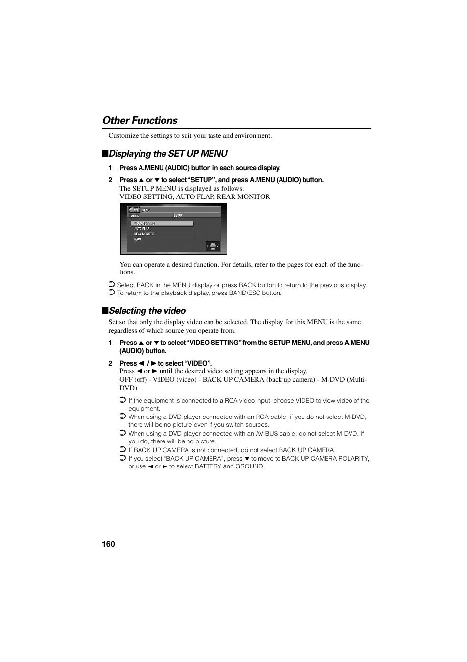 Other functions, Displaying the set up menu selecting the video, Displaying the set up menu | Selecting the video | Pioneer CNDV-20 User Manual | Page 162 / 200
