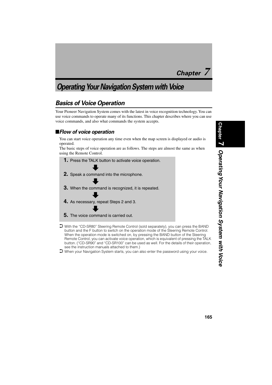 Chapter 7, Operating your navigation system with voice, Basics of voice operation | Flow of voice operation, Chapter | Pioneer CNDV-20 User Manual | Page 167 / 200