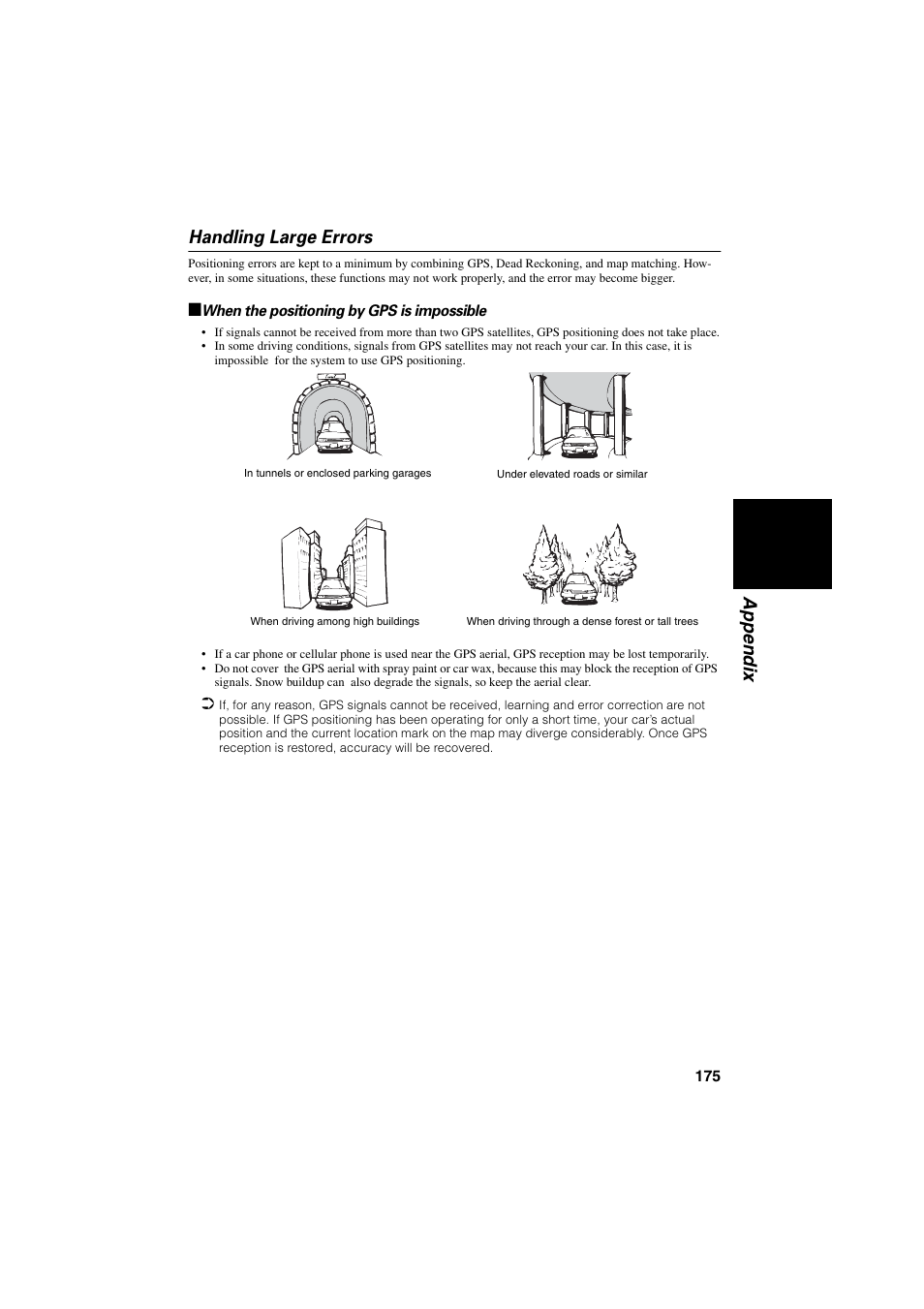 Handling large errors, When the positioning by gps is impossible, Appendix handling large errors | Pioneer CNDV-20 User Manual | Page 177 / 200