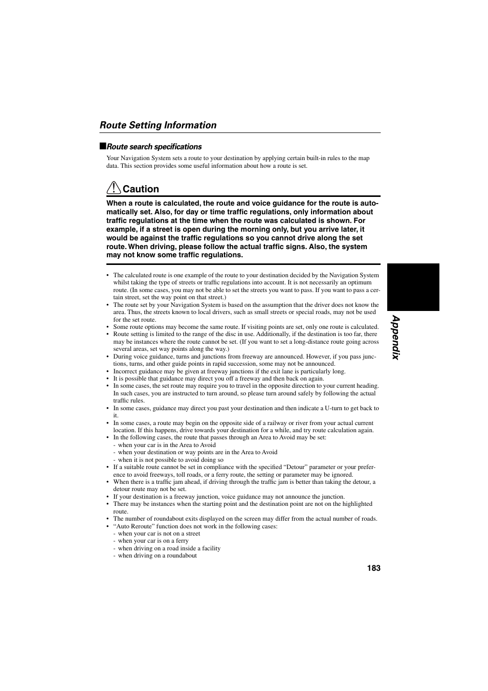 Route setting information, Route search specifications, Appendix route setting information | Caution | Pioneer CNDV-20 User Manual | Page 185 / 200