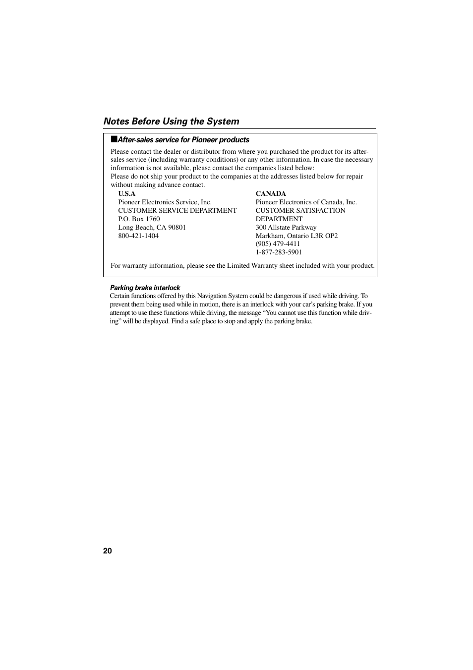 Notes before using the system, After-sales service for pioneer products | Pioneer CNDV-20 User Manual | Page 22 / 200