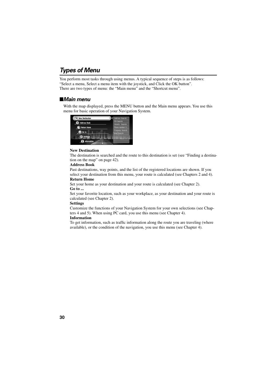 Types of menu, Main menu | Pioneer CNDV-20 User Manual | Page 32 / 200