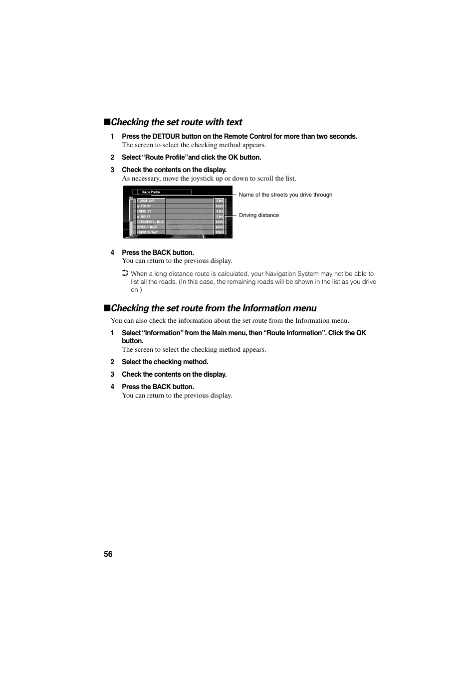 Checking the set route with text, Checking the set route from the information menu | Pioneer CNDV-20 User Manual | Page 58 / 200
