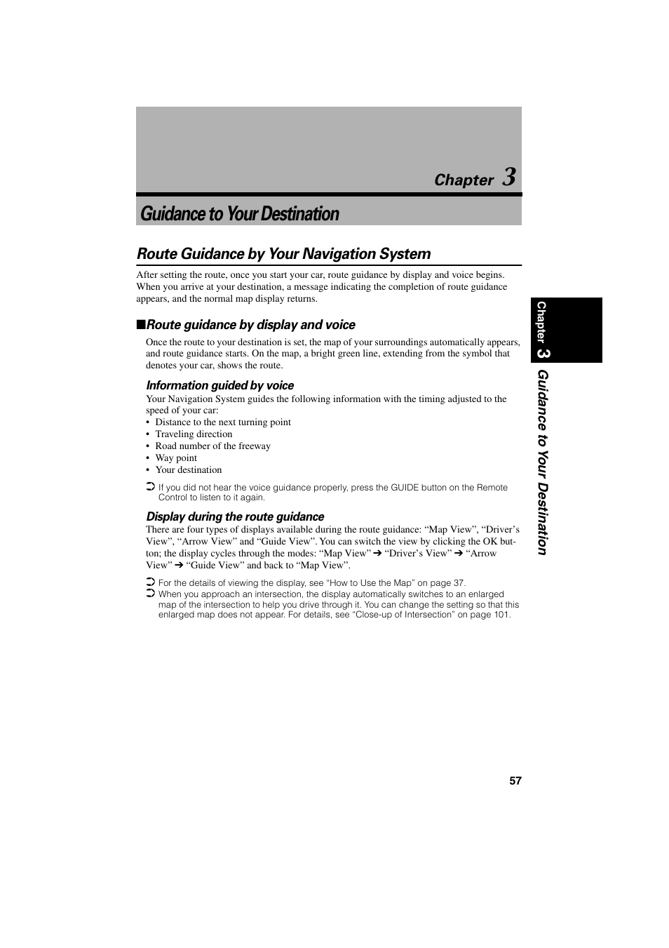 Chapter 3, Guidance to your destination, Route guidance by your navigation system | Route guidance by display and voice, Chapter | Pioneer CNDV-20 User Manual | Page 59 / 200