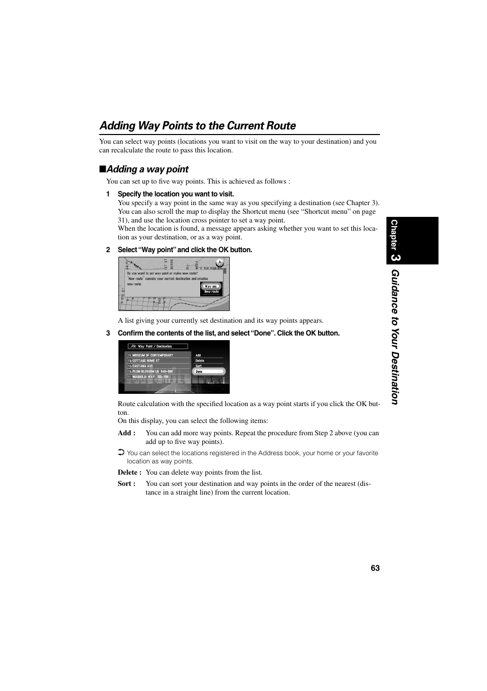 Adding way points to the current route, Adding a way point | Pioneer CNDV-20 User Manual | Page 65 / 200