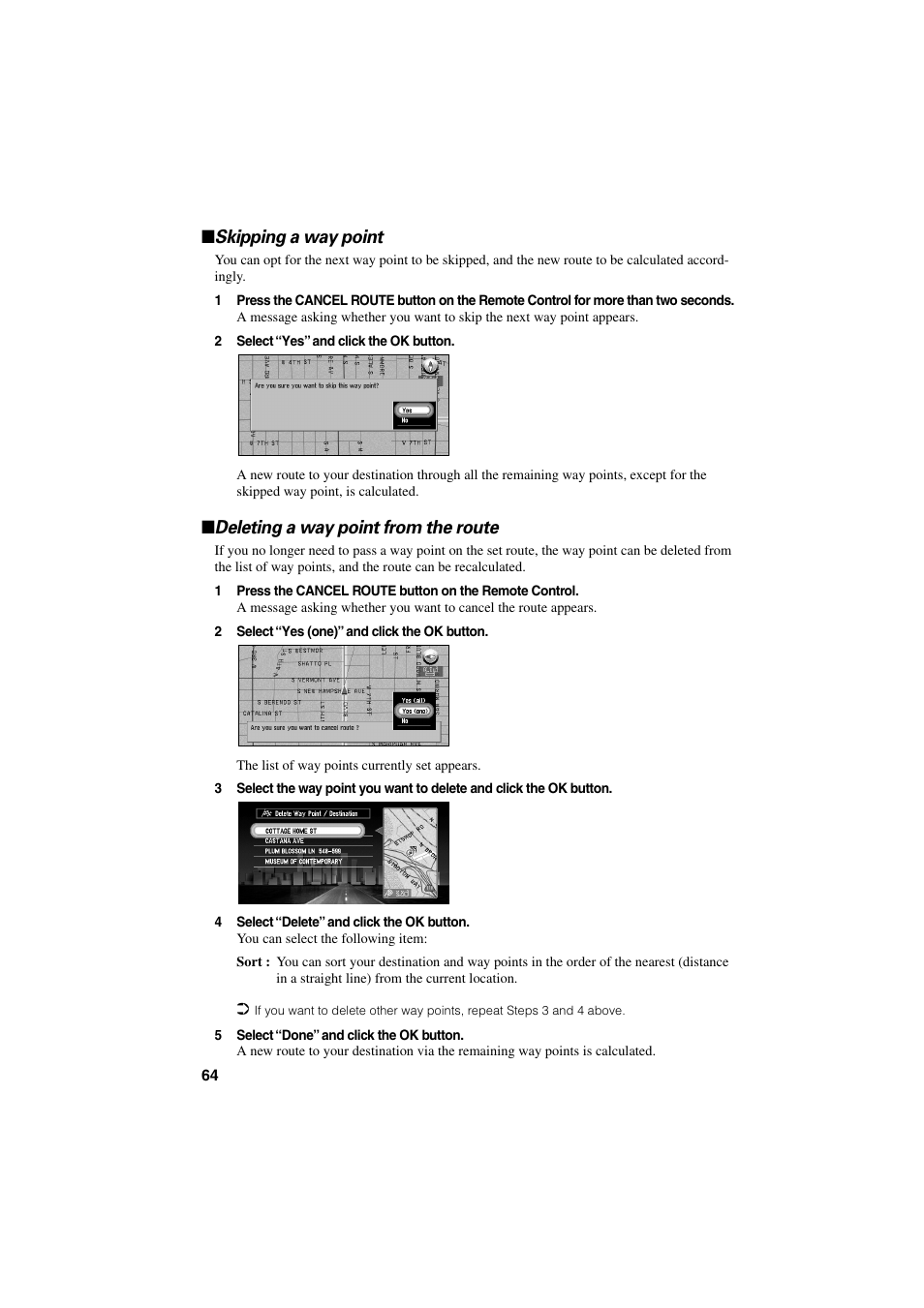 Skipping a way point, Deleting a way point from the route | Pioneer CNDV-20 User Manual | Page 66 / 200