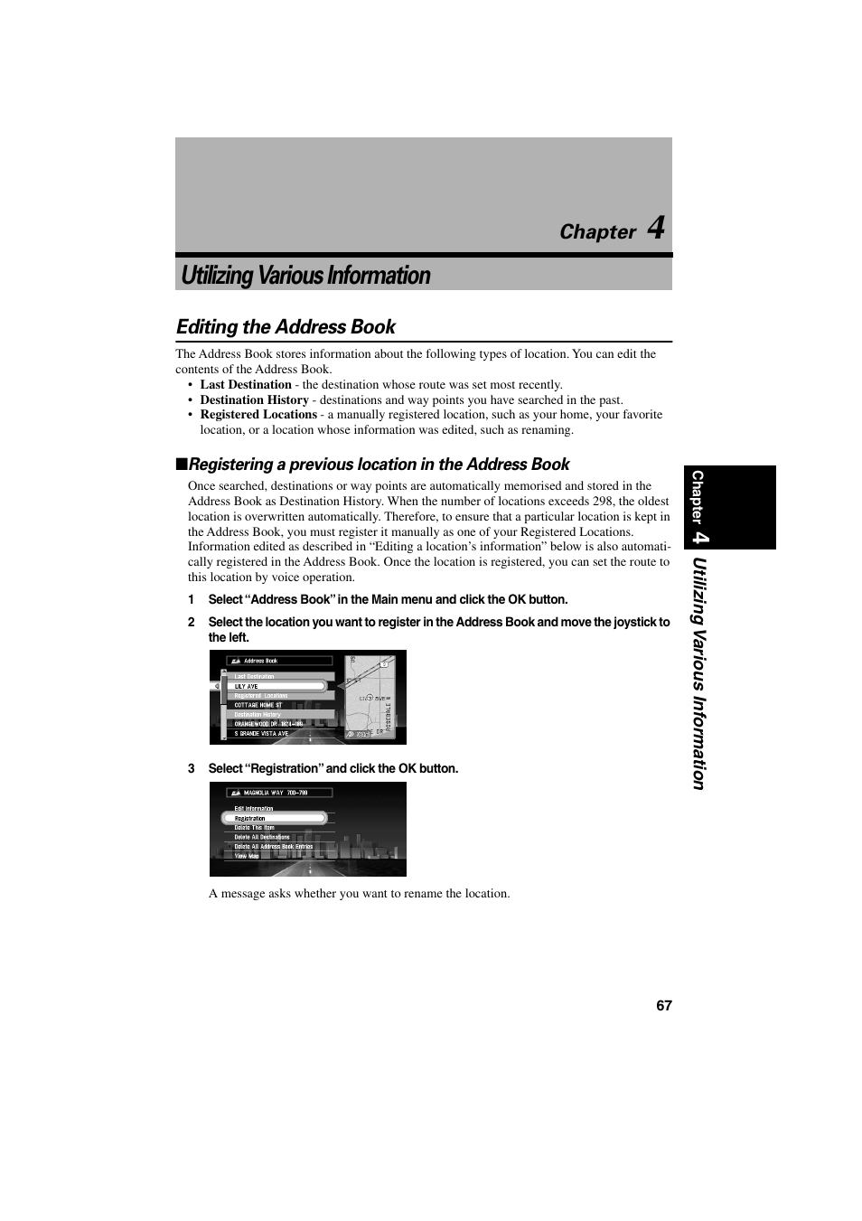 Chapter 4, Utilizing various information, Editing the address book | Chapter | Pioneer CNDV-20 User Manual | Page 69 / 200