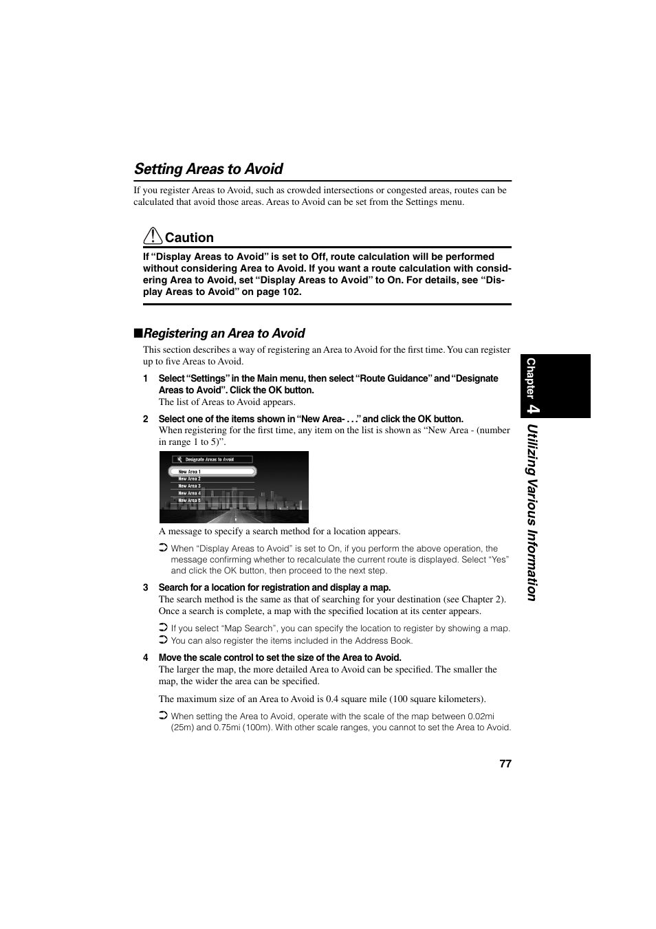 Setting areas to avoid, Registering an area to avoid | Pioneer CNDV-20 User Manual | Page 79 / 200
