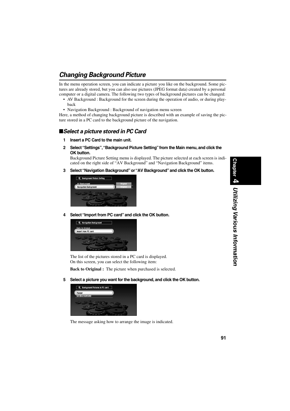 Changing background picture, Select a picture stored in pc card | Pioneer CNDV-20 User Manual | Page 93 / 200