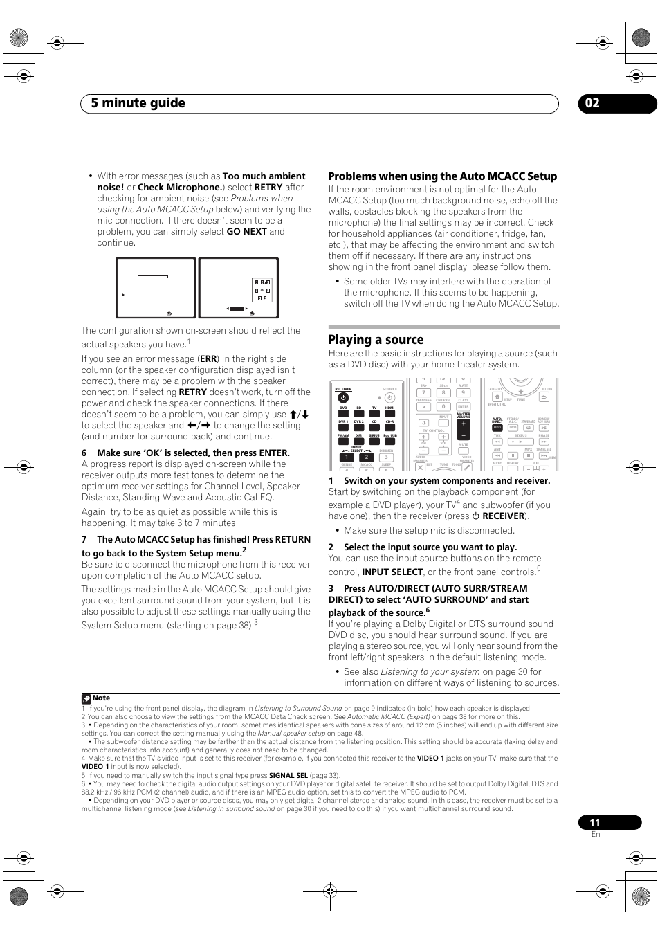 Problems when using the auto mcacc setup, Playing a source, 5 minute guide 02 | Pioneer VSX-1018AH-K User Manual | Page 11 / 100