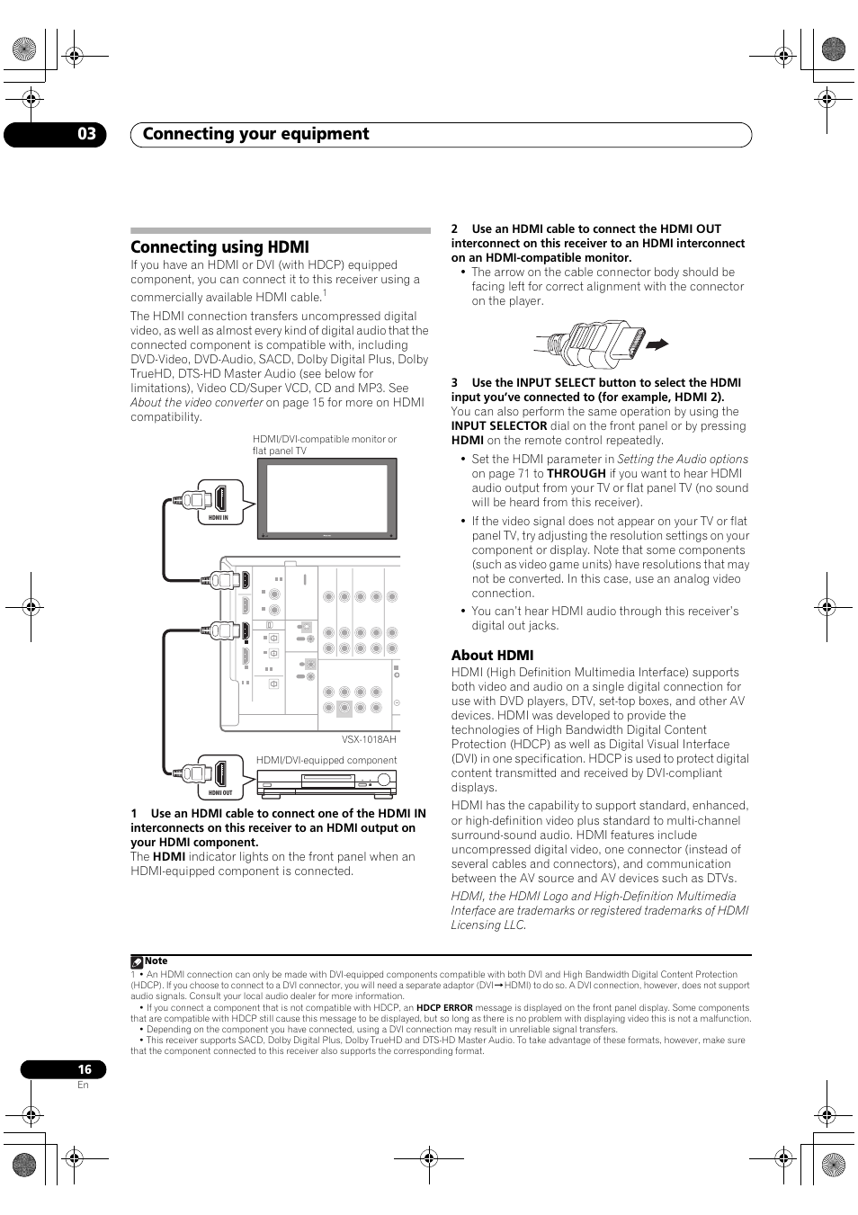 Connecting using hdmi, About hdmi, Connecting your equipment 03 | Pioneer VSX-1018AH-K User Manual | Page 16 / 100