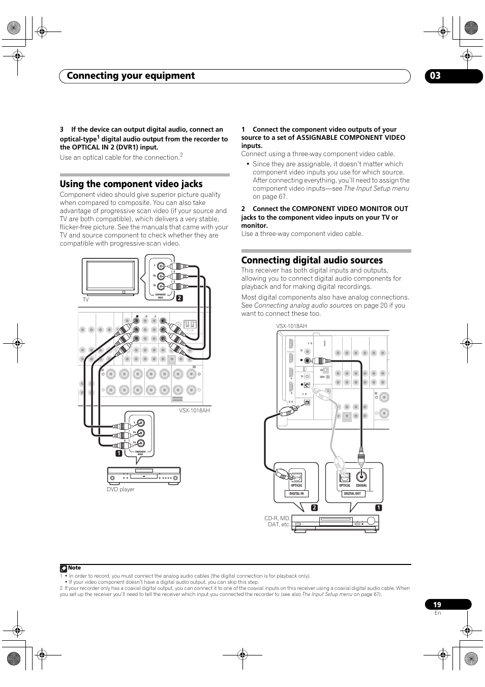 Connecting your equipment 03, Using the component video jacks, Connecting digital audio sources | Pioneer VSX-1018AH-K User Manual | Page 19 / 100