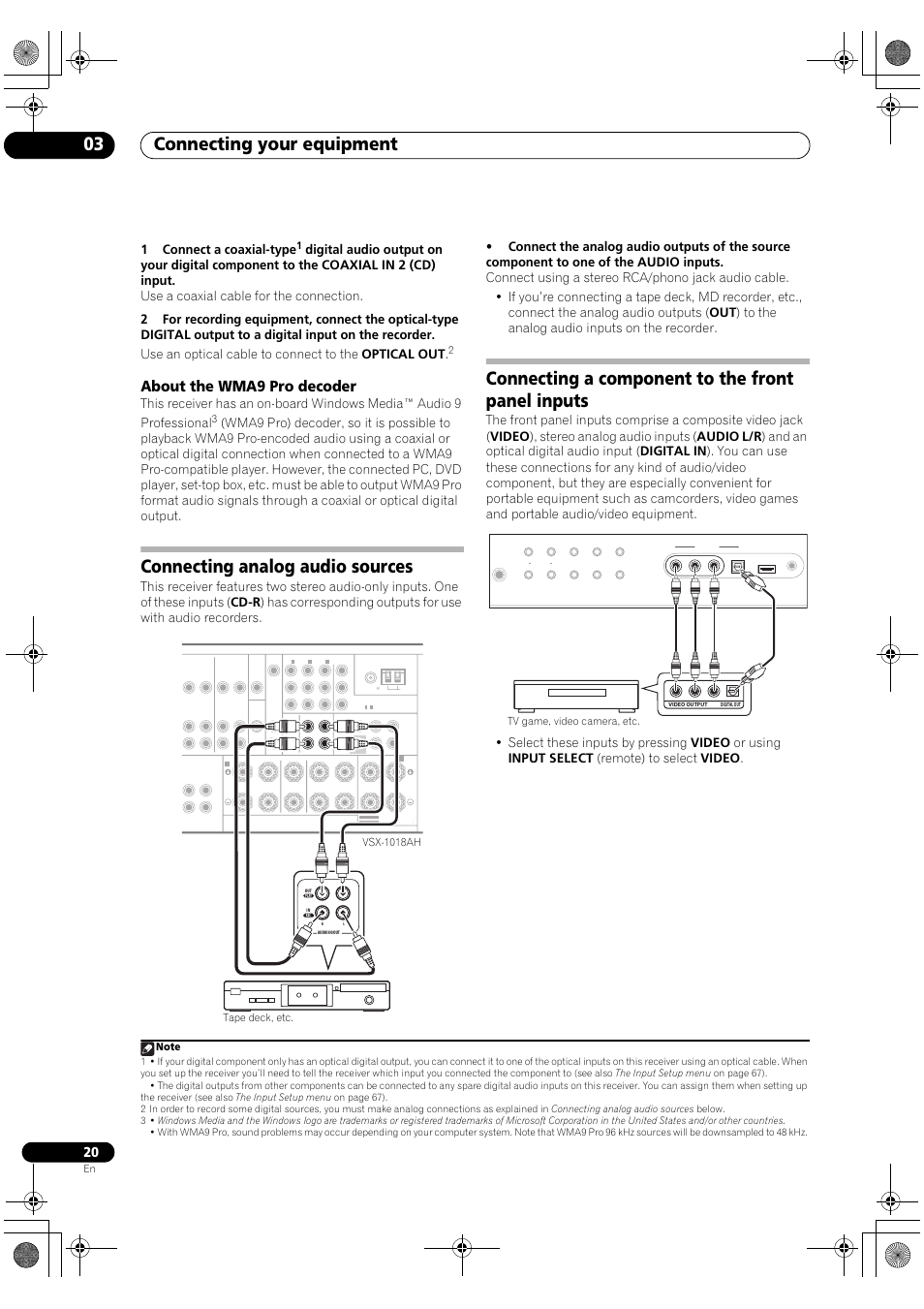 About the wma9 pro decoder, Connecting your equipment 03, Connecting analog audio sources | Connecting a component to the front panel inputs, 1connect a coaxial-type, Vsx-1018ah tape deck, etc | Pioneer VSX-1018AH-K User Manual | Page 20 / 100