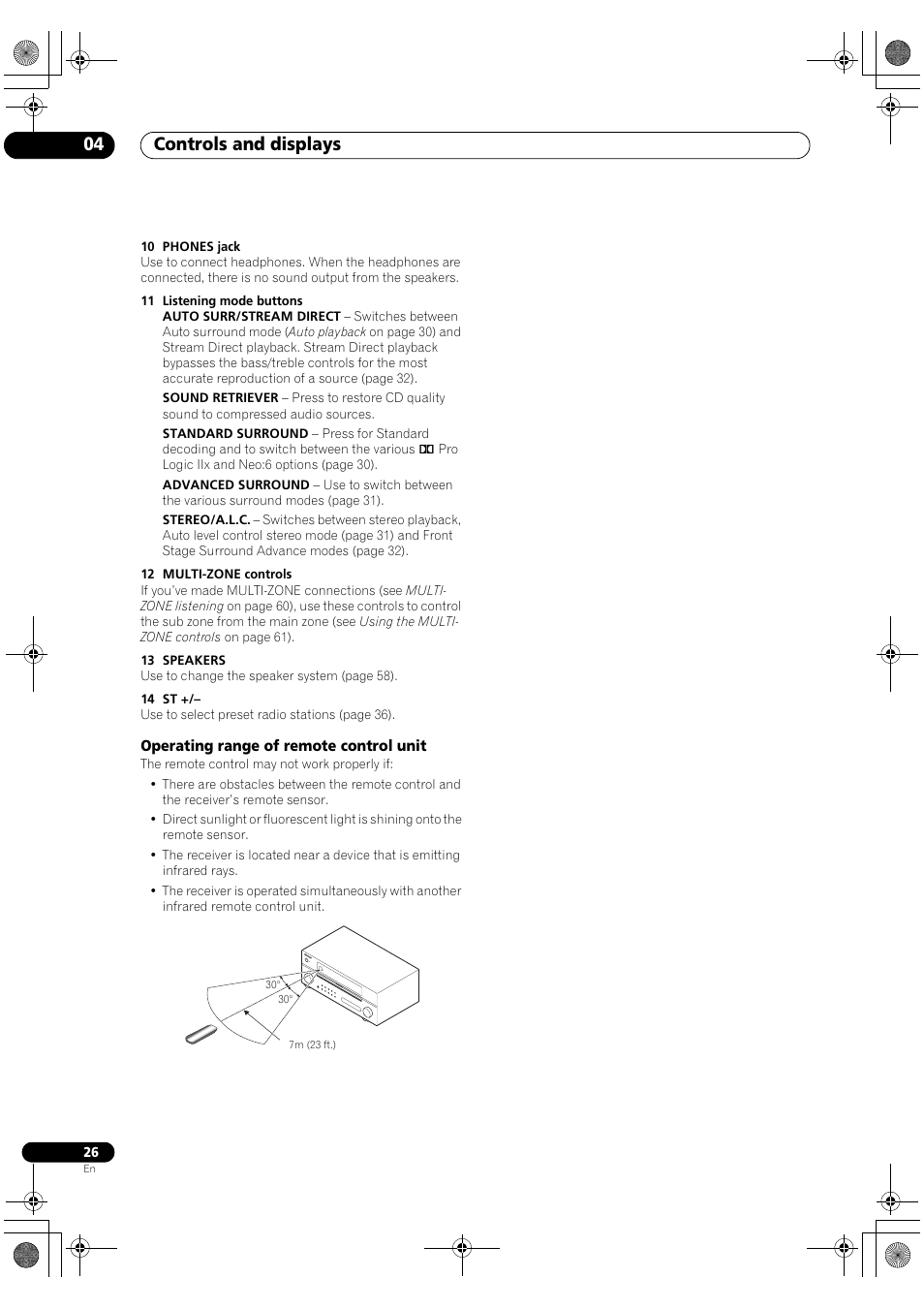 Operating range of remote control unit, Controls and displays 04 | Pioneer VSX-1018AH-K User Manual | Page 26 / 100