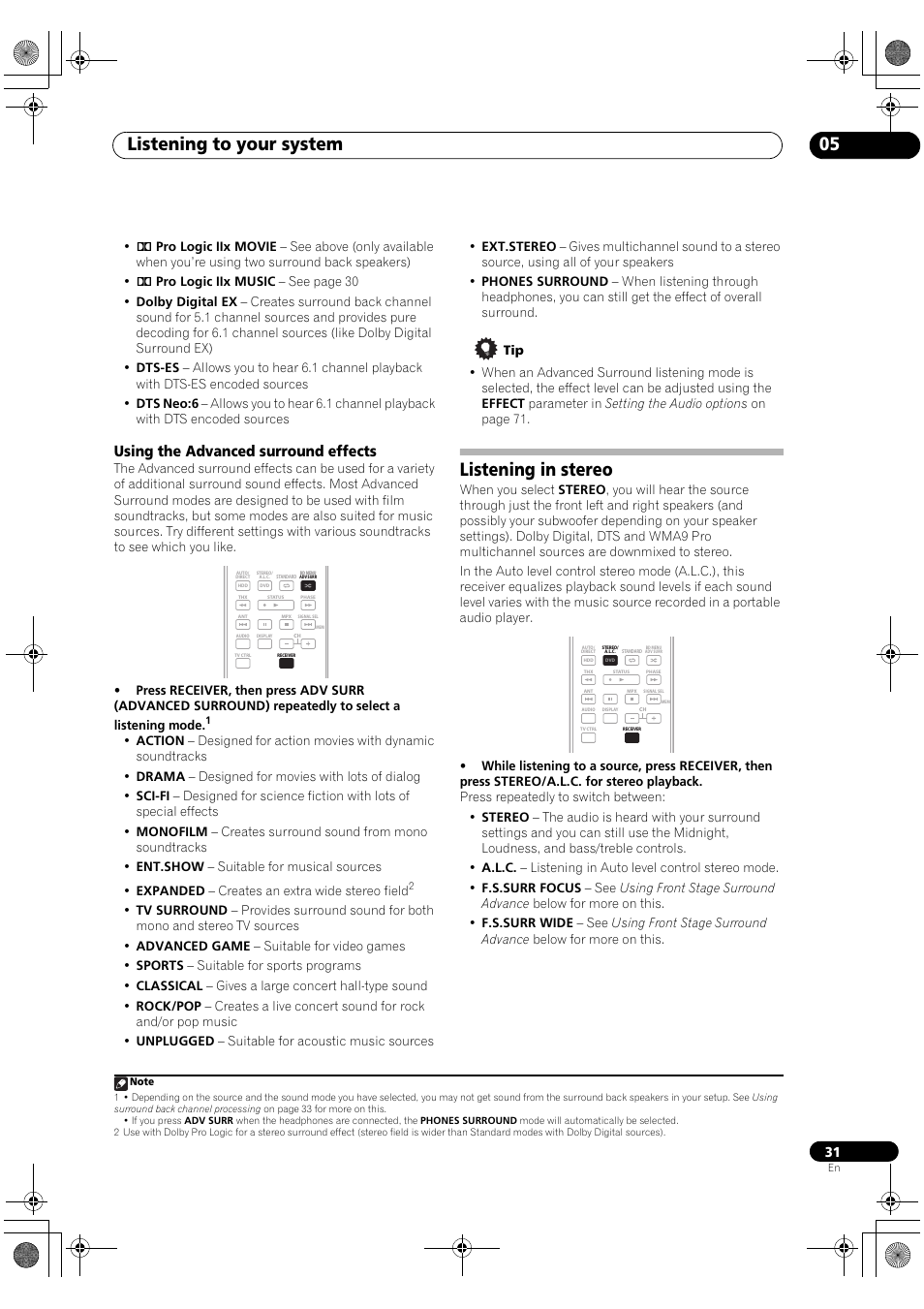 Using the advanced surround effects, Listening in stereo, Listening to your system 05 | Pioneer VSX-1018AH-K User Manual | Page 31 / 100