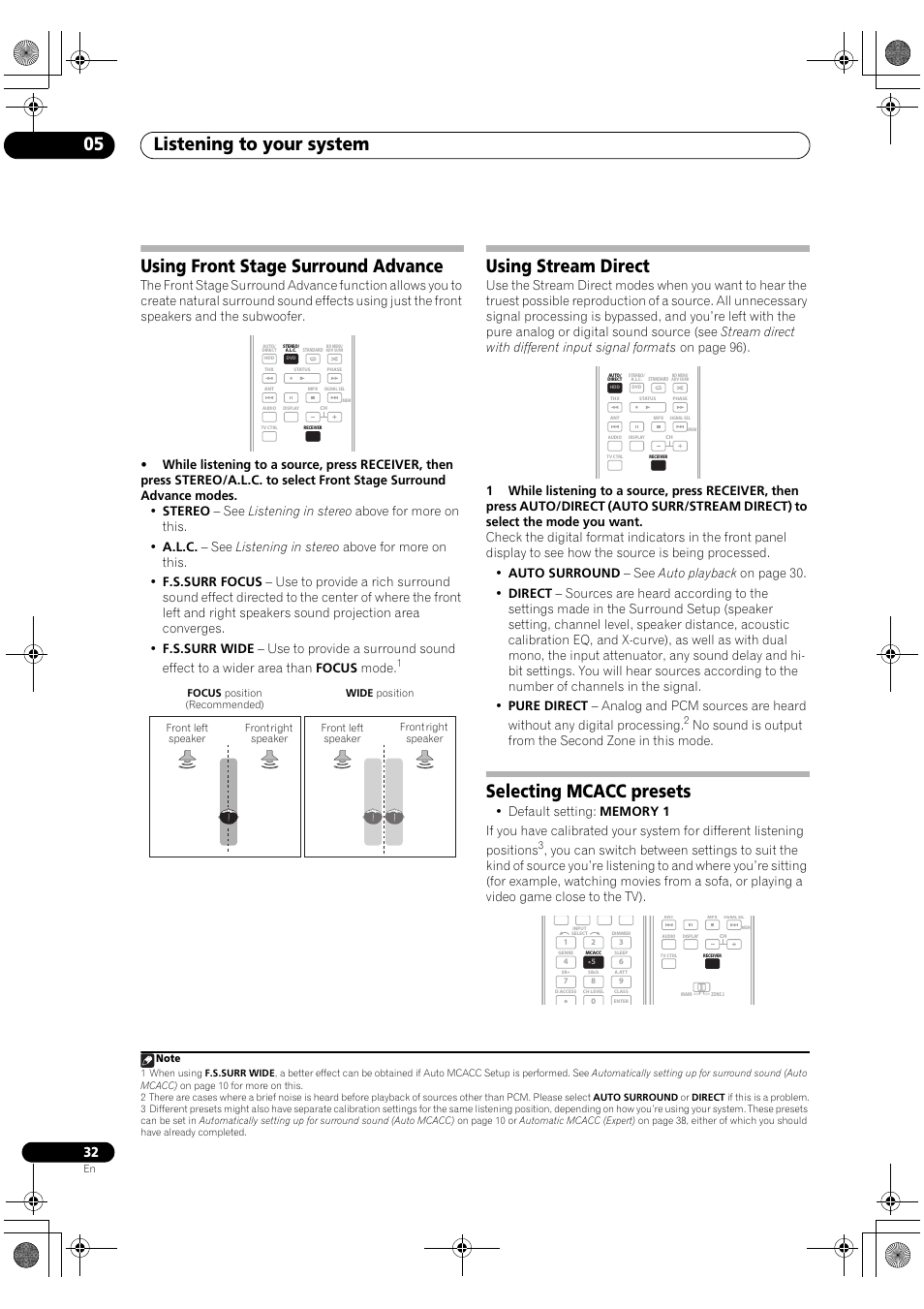 Listening to your system 05, Using front stage surround advance, Using stream direct | Selecting mcacc presets | Pioneer VSX-1018AH-K User Manual | Page 32 / 100