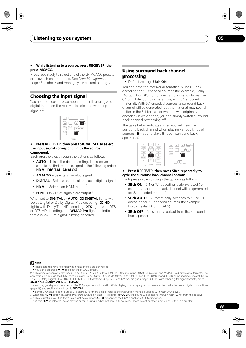 Listening to your system 05, Choosing the input signal, Using surround back channel processing | Pioneer VSX-1018AH-K User Manual | Page 33 / 100