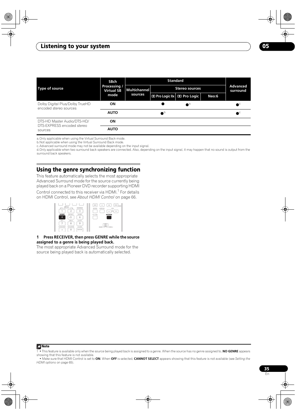 Using the genre synchronizing function, Listening to your system 05 | Pioneer VSX-1018AH-K User Manual | Page 35 / 100