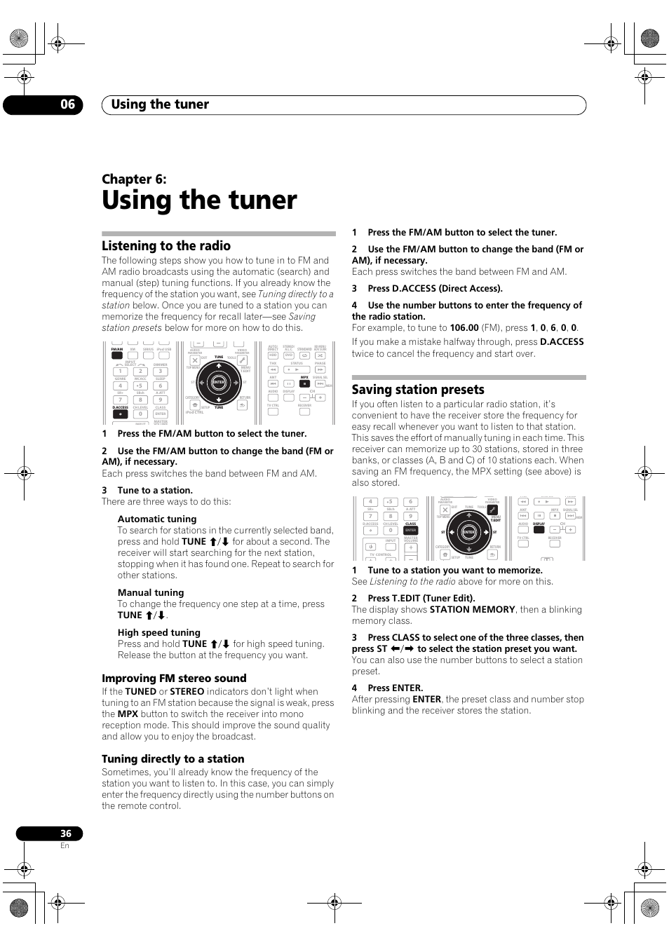 Listening to the radio, Saving station presets, Using the tuner | Using the tuner 06, Chapter 6, Improving fm stereo sound, Tuning directly to a station | Pioneer VSX-1018AH-K User Manual | Page 36 / 100