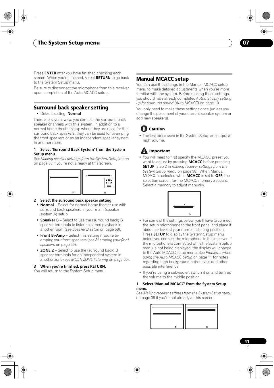 Surround back speaker setting manual mcacc setup, The system setup menu 07, Surround back speaker setting | Manual mcacc setup | Pioneer VSX-1018AH-K User Manual | Page 41 / 100