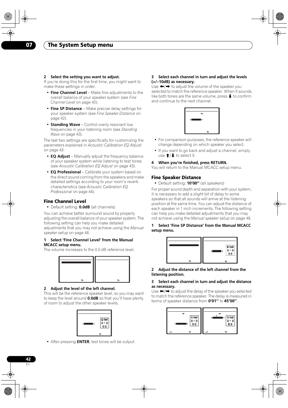 Fine channel level fine speaker distance, The system setup menu 07, Fine channel level | Fine speaker distance | Pioneer VSX-1018AH-K User Manual | Page 42 / 100