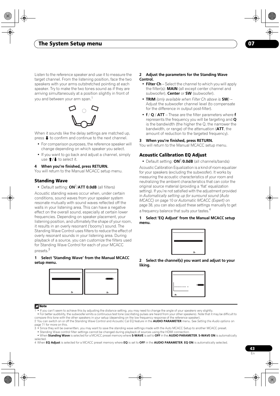 Standing wave acoustic calibration eq adjust, The system setup menu 07, Standing wave | Acoustic calibration eq adjust, Default setting: on | Pioneer VSX-1018AH-K User Manual | Page 43 / 100