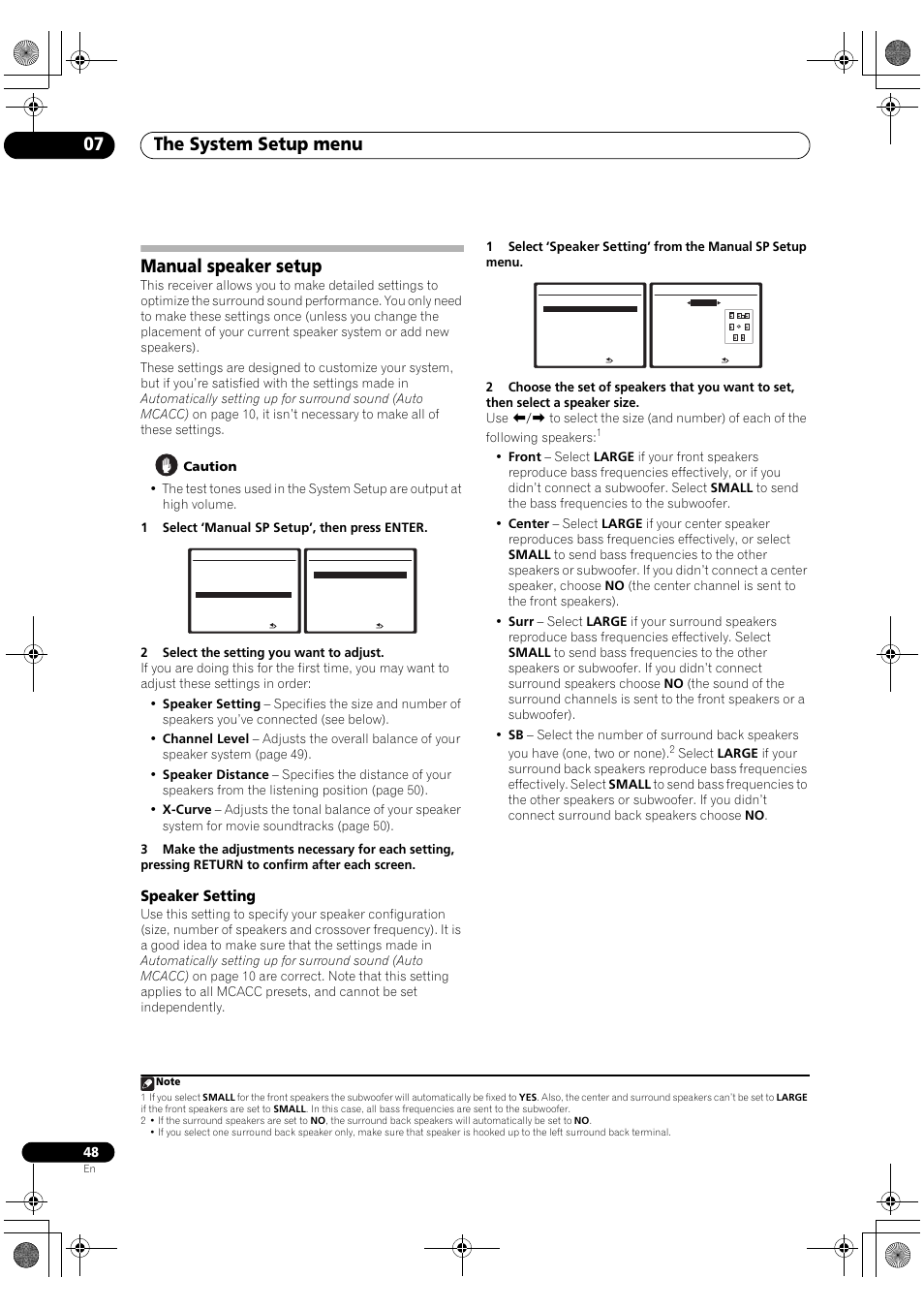 Manual speaker setup, Speaker setting, The system setup menu 07 | Pioneer VSX-1018AH-K User Manual | Page 48 / 100