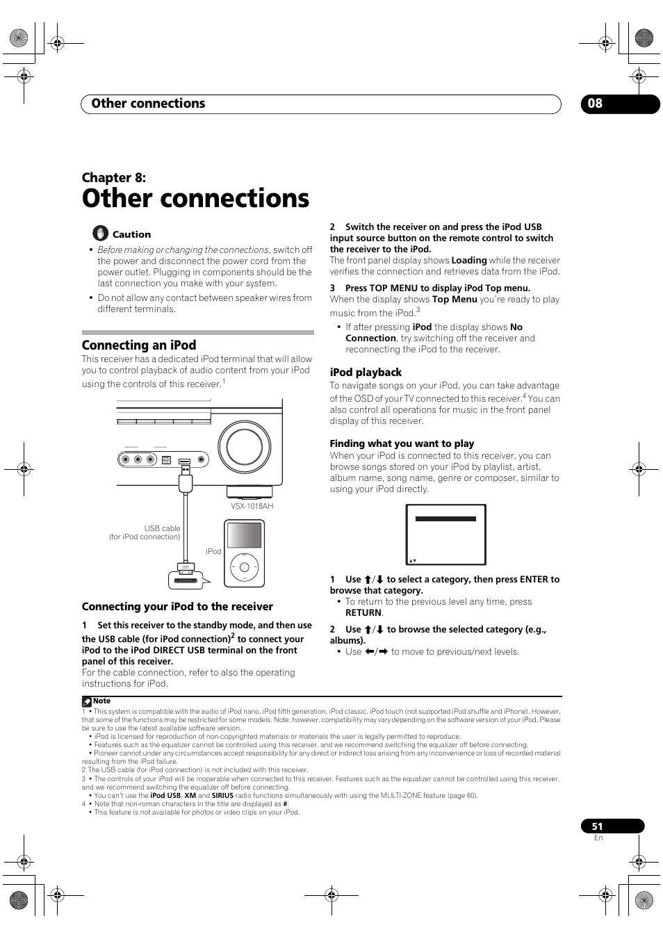 Connecting an ipod, Connecting your ipod to the receiver ipod playback, Other connections | Other connections 08, Chapter 8, Connecting your ipod to the receiver, Ipod playback, Finding what you want to play | Pioneer VSX-1018AH-K User Manual | Page 51 / 100