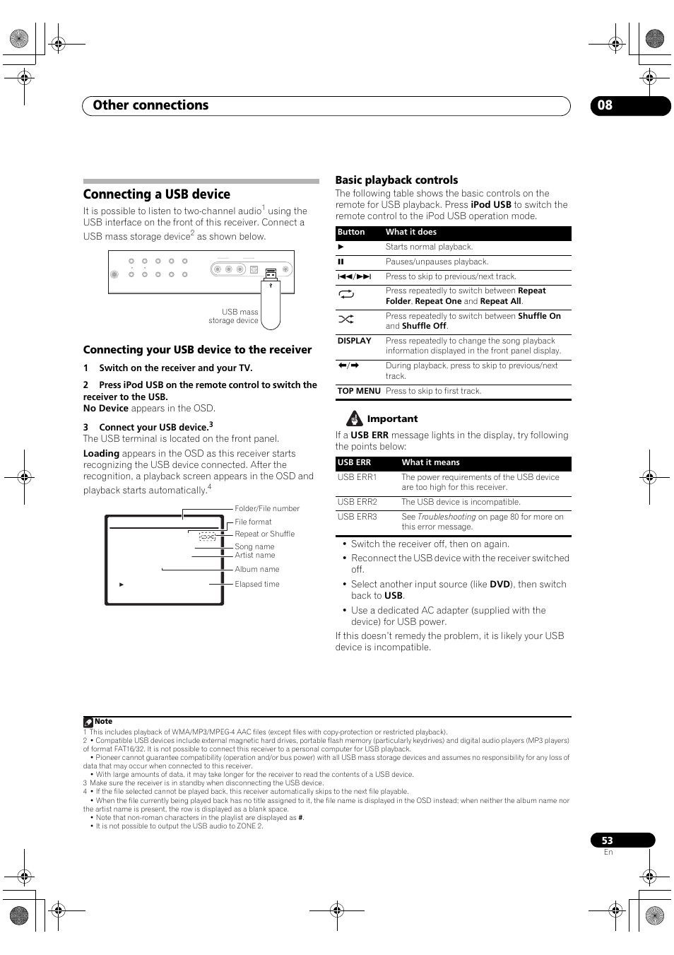 Connecting a usb device, Other connections 08, Connecting your usb device to the receiver | Basic playback controls | Pioneer VSX-1018AH-K User Manual | Page 53 / 100