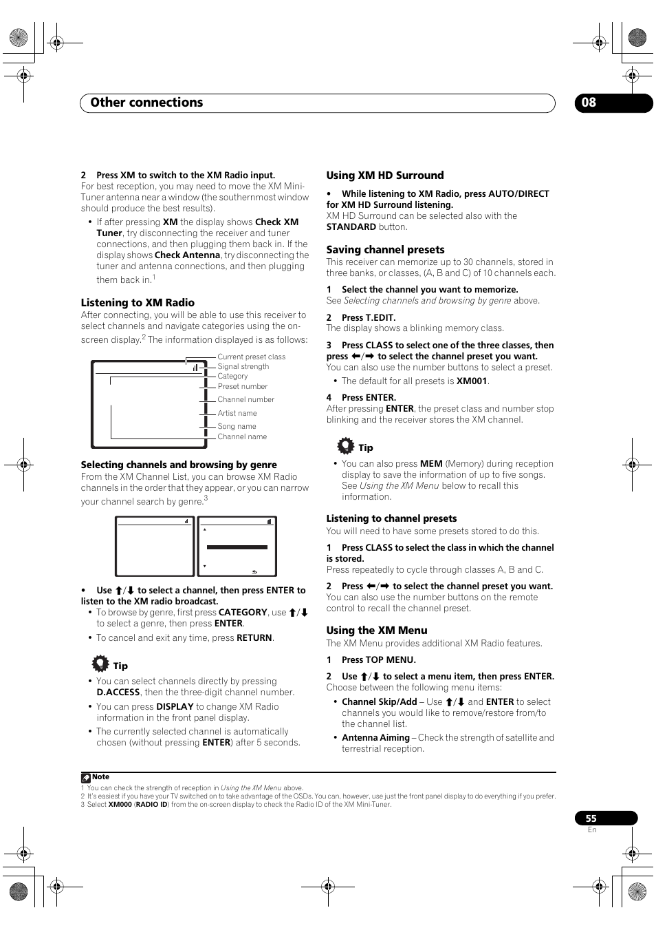 Other connections 08, Listening to xm radio, Using xm hd surround | Saving channel presets, Using the xm menu | Pioneer VSX-1018AH-K User Manual | Page 55 / 100