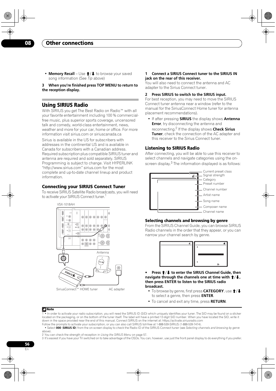 Using sirius radio, Other connections 08, Connecting your sirius connect tuner | Listening to sirius radio, Selecting channels and browsing by genre, The information displayed is as follows | Pioneer VSX-1018AH-K User Manual | Page 56 / 100