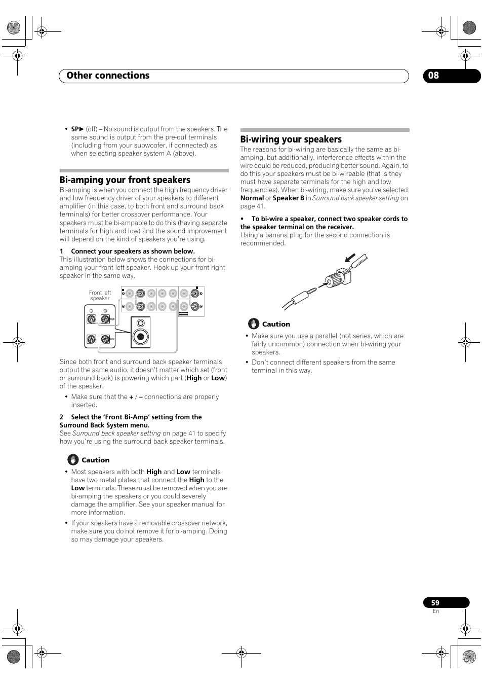 Other connections 08, Bi-amping your front speakers, Bi-wiring your speakers | Pioneer VSX-1018AH-K User Manual | Page 59 / 100