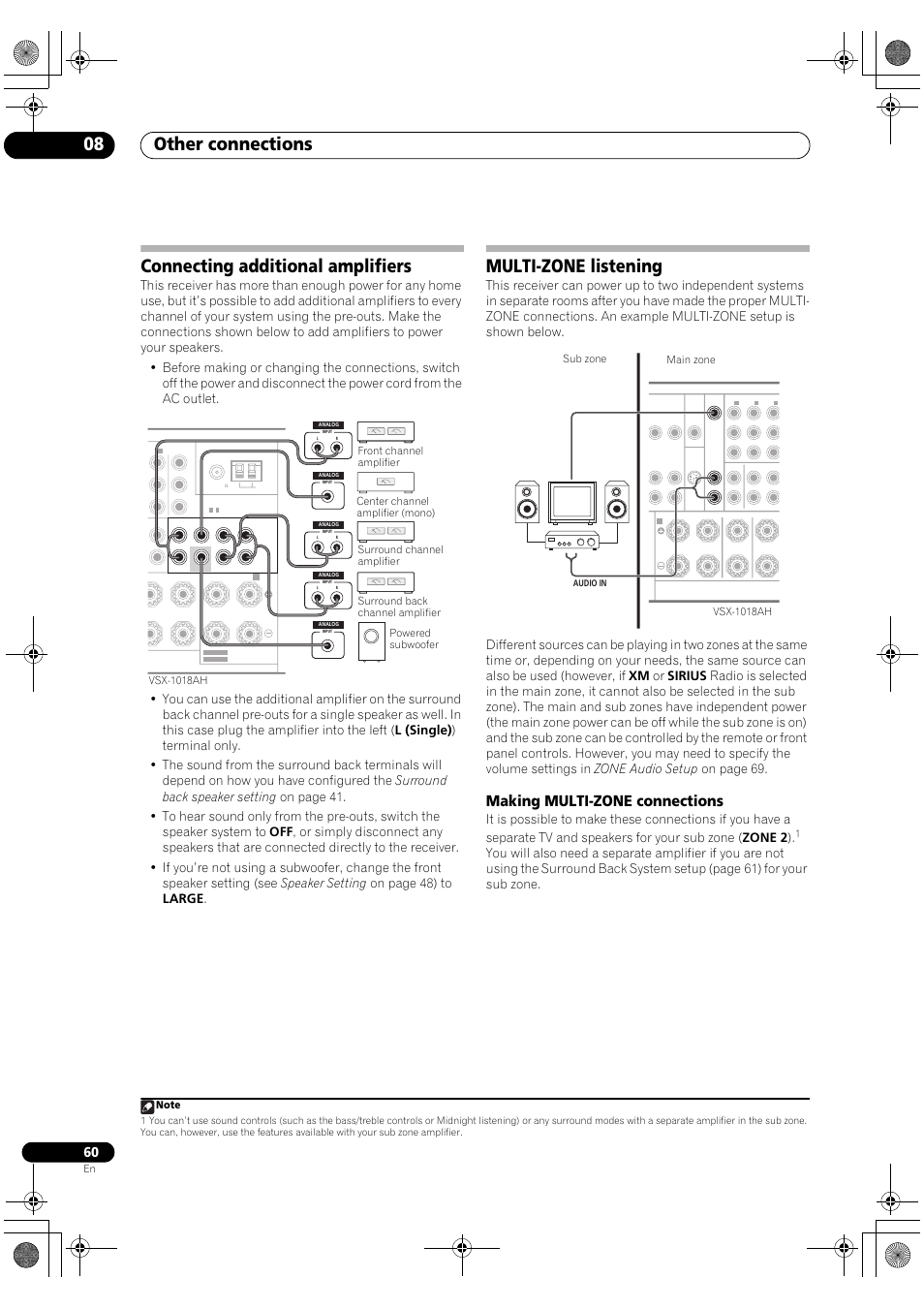 Making multi-zone connections, Other connections 08, Connecting additional amplifiers | Multi-zone listening | Pioneer VSX-1018AH-K User Manual | Page 60 / 100