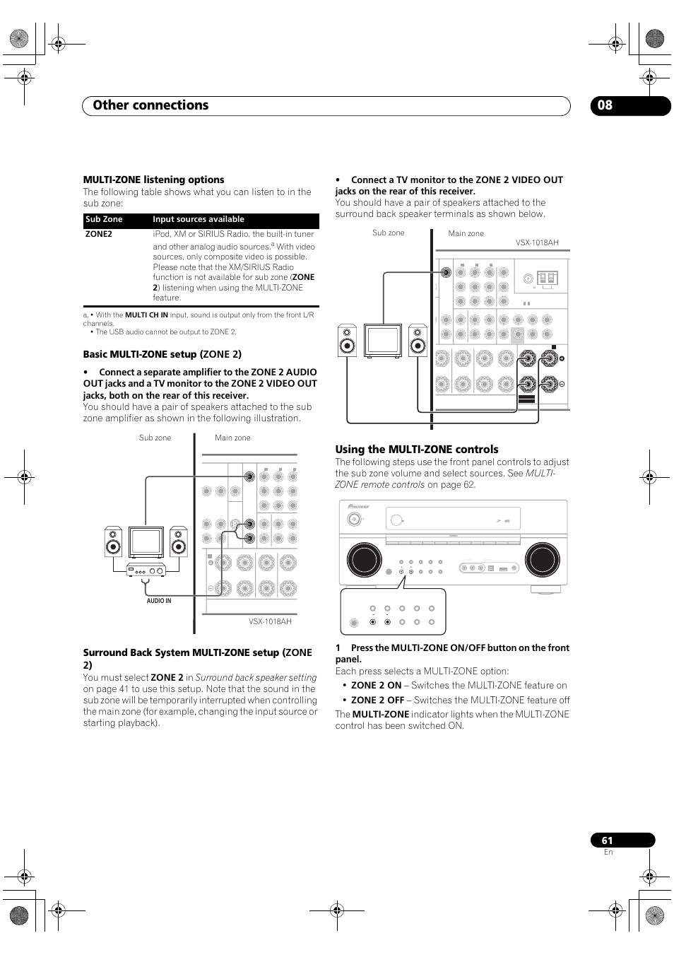 Using the multi-zone controls, Other connections 08, Multi-zone listening options | Basic multi-zone setup (zone 2), Surround back system multi-zone setup (zone 2), On/off control multi-zone | Pioneer VSX-1018AH-K User Manual | Page 61 / 100