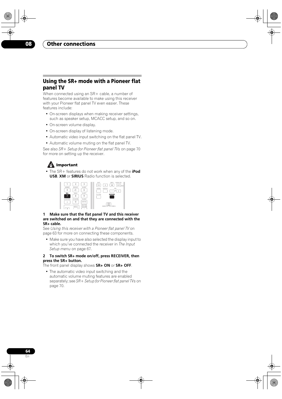 Using the sr+ mode with a pioneer flat panel tv, Other connections 08 | Pioneer VSX-1018AH-K User Manual | Page 64 / 100