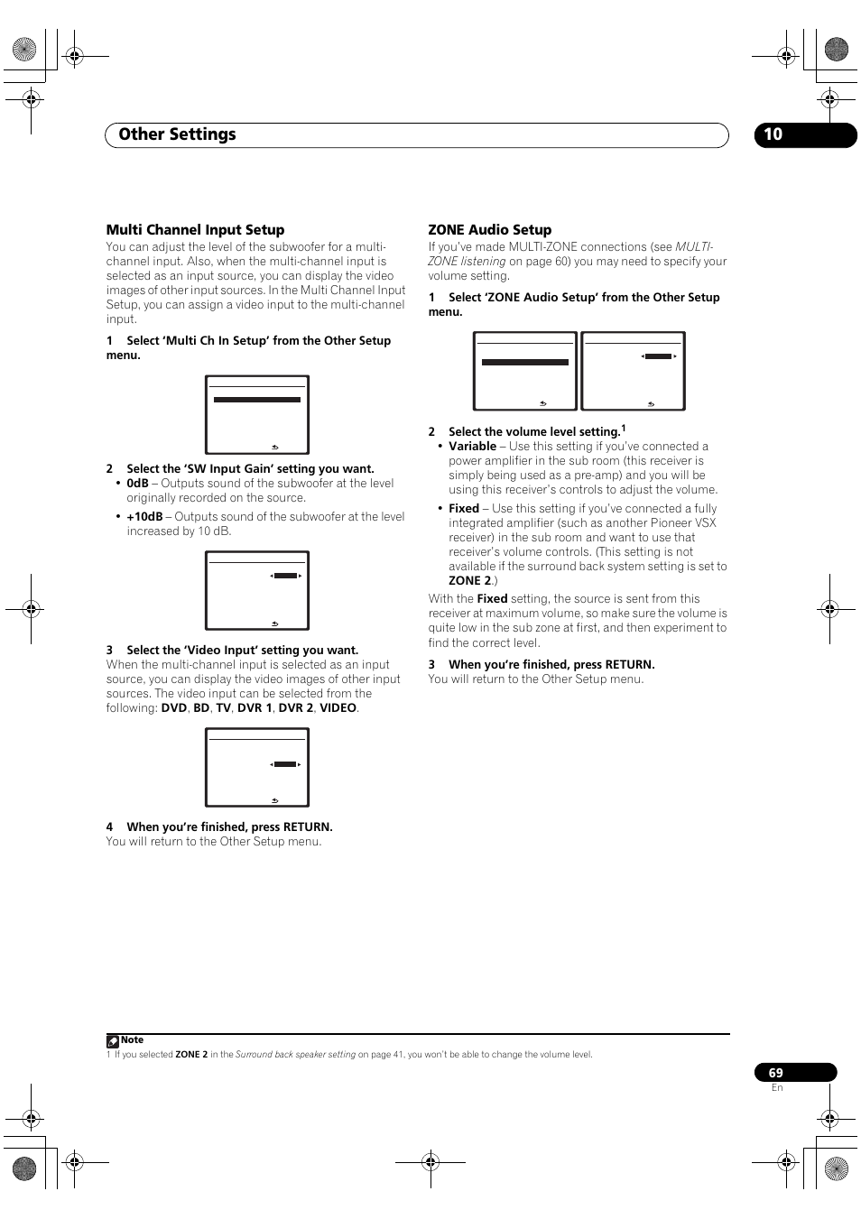 Multi channel input setup zone audio setup, Other settings 10, Multi channel input setup | Zone audio setup | Pioneer VSX-1018AH-K User Manual | Page 69 / 100