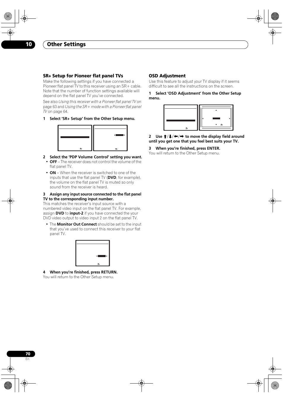 Other settings 10, Sr+ setup for pioneer flat panel tvs, Osd adjustment | Pioneer VSX-1018AH-K User Manual | Page 70 / 100