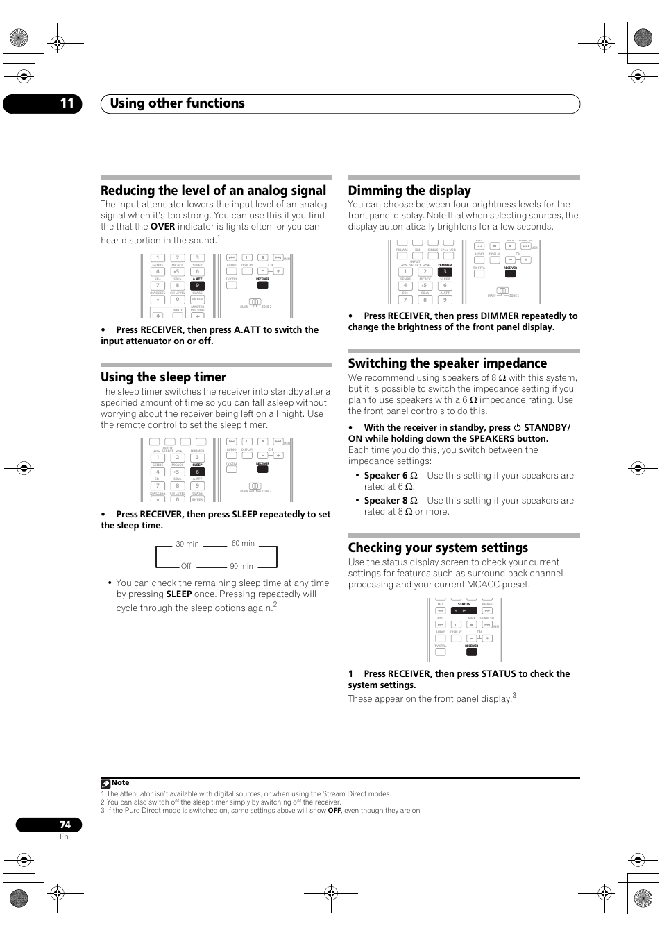 Using other functions 11, Reducing the level of an analog signal, Using the sleep timer | Dimming the display, Switching the speaker impedance, Checking your system settings | Pioneer VSX-1018AH-K User Manual | Page 74 / 100