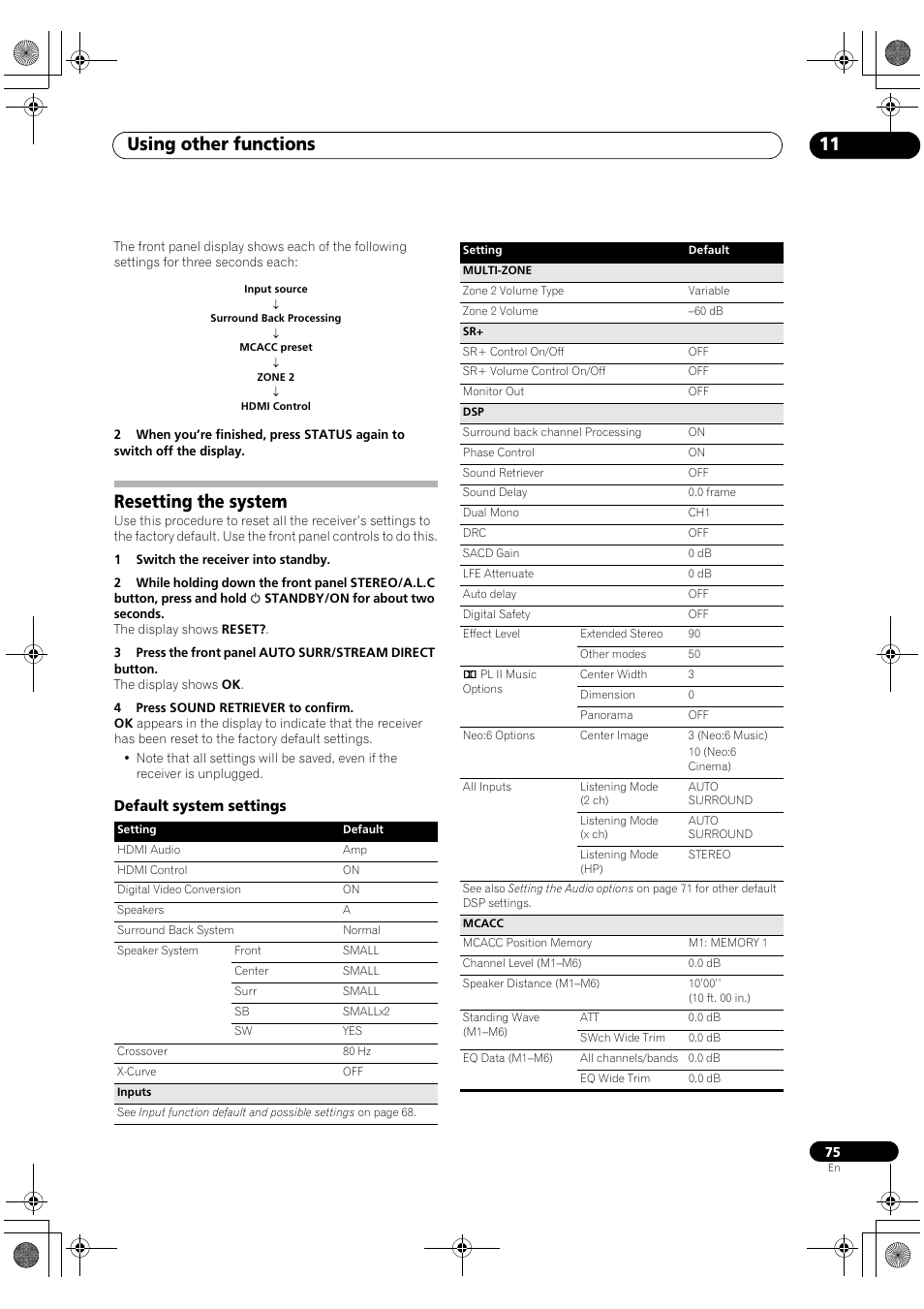 Resetting the system, Default system settings, Using other functions 11 | Pioneer VSX-1018AH-K User Manual | Page 75 / 100