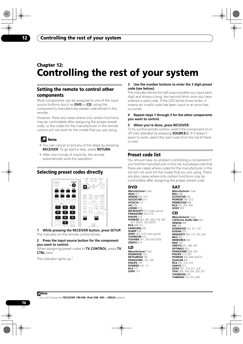 Controlling the rest of your system, Controlling the rest of your system 12, Chapter 12 | Setting the remote to control other components, Selecting preset codes directly, Preset code list | Pioneer VSX-1018AH-K User Manual | Page 76 / 100