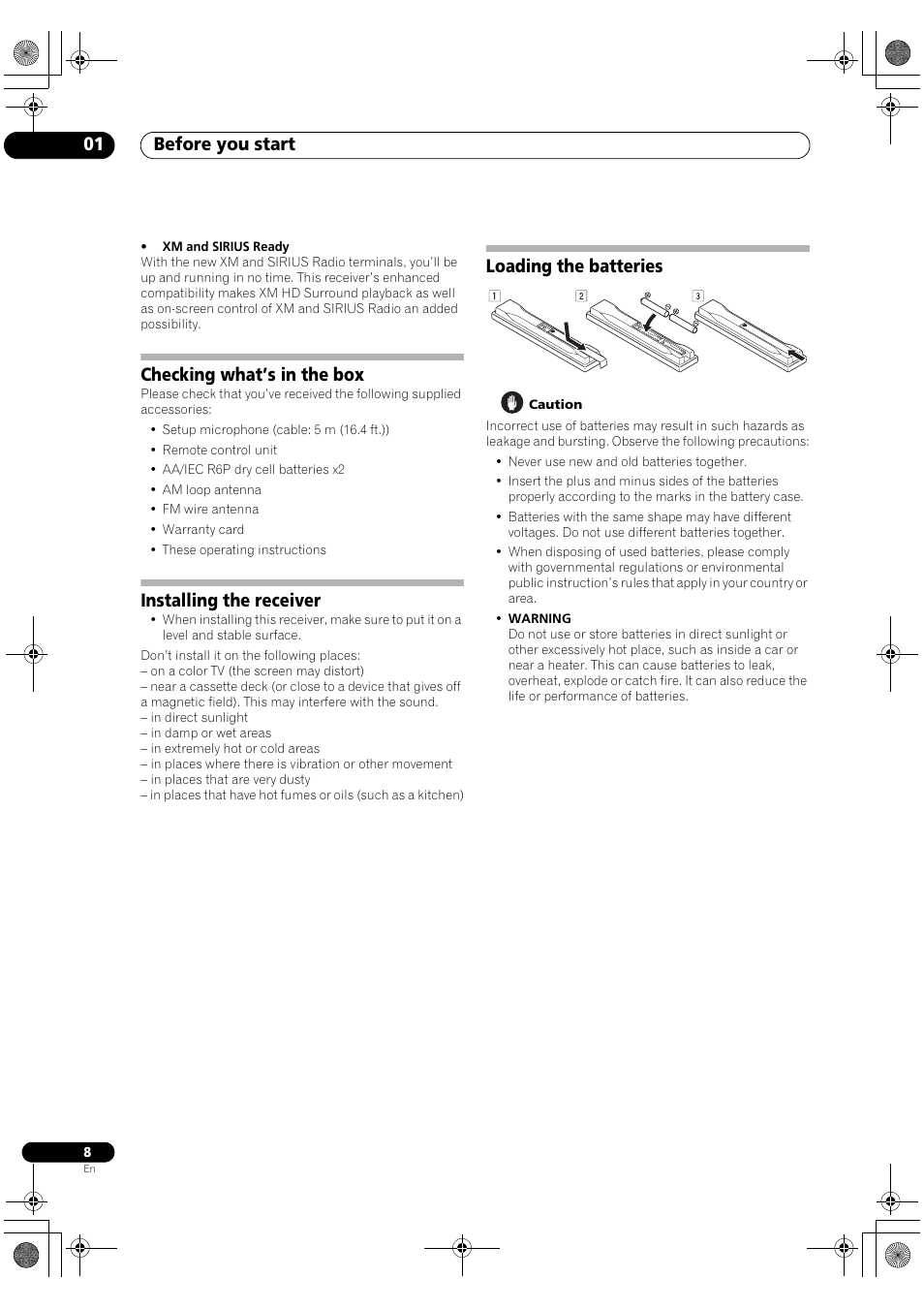 Before you start 01, Checking what’s in the box, Installing the receiver | Loading the batteries | Pioneer VSX-1018AH-K User Manual | Page 8 / 100