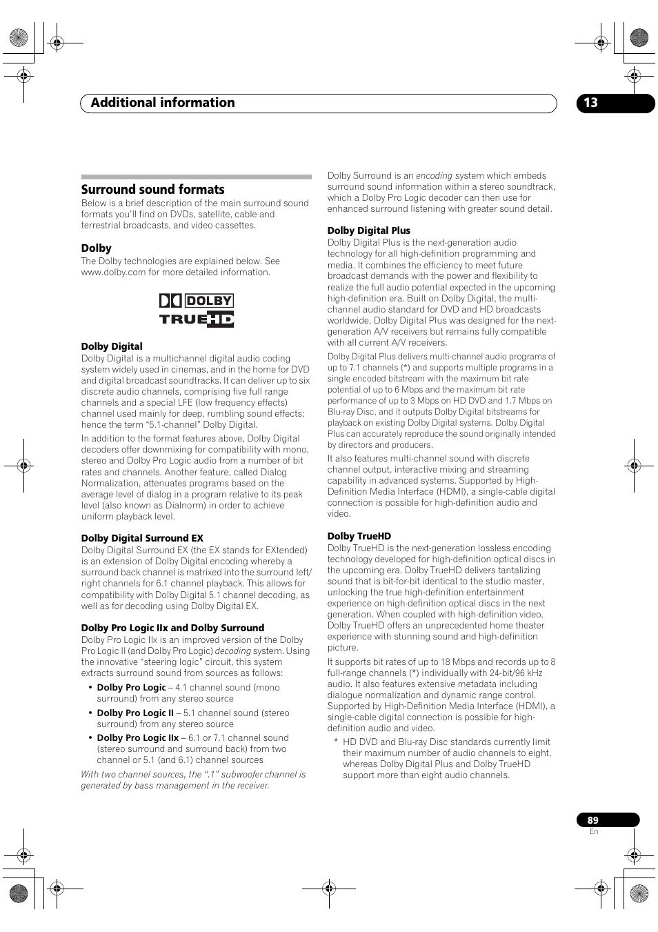 Surround sound formats, Dolby, Additional information 13 | Pioneer VSX-1018AH-K User Manual | Page 89 / 100