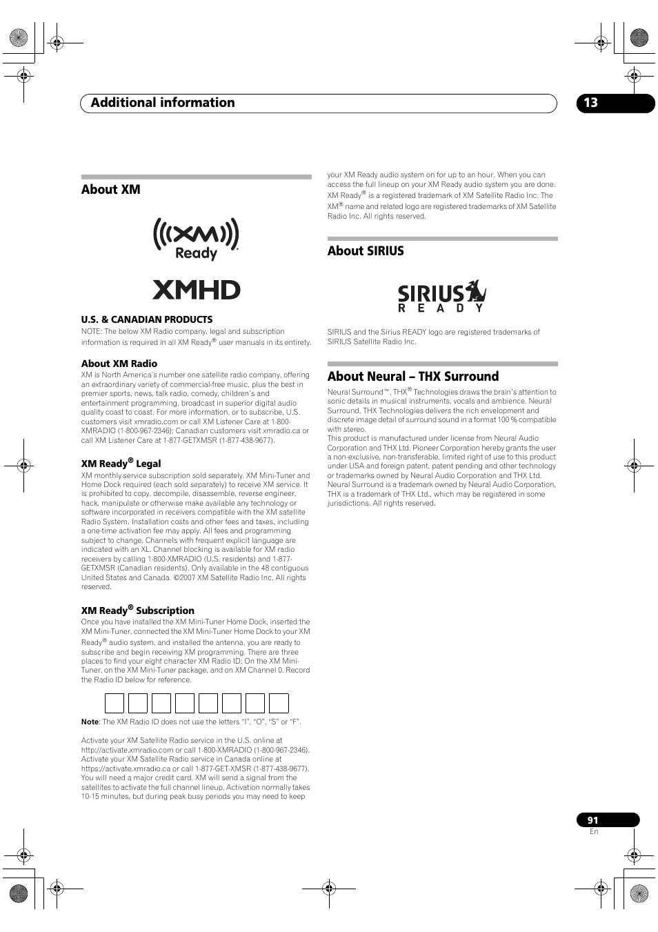 About xm about sirius about neural – thx surround, Additional information 13, About xm | About sirius, About neural – thx surround | Pioneer VSX-1018AH-K User Manual | Page 91 / 100