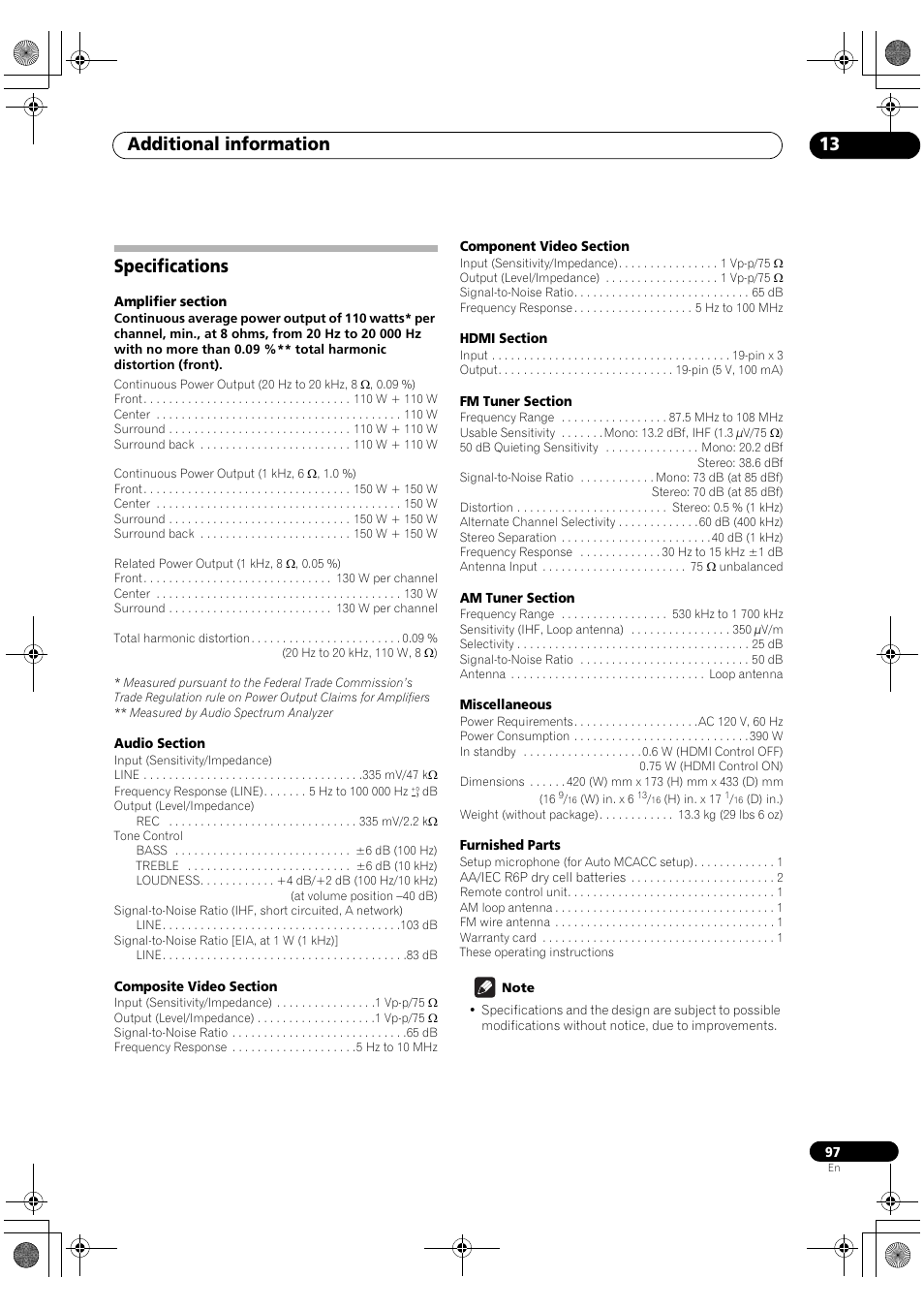 Specifications, Additional information 13 | Pioneer VSX-1018AH-K User Manual | Page 97 / 100