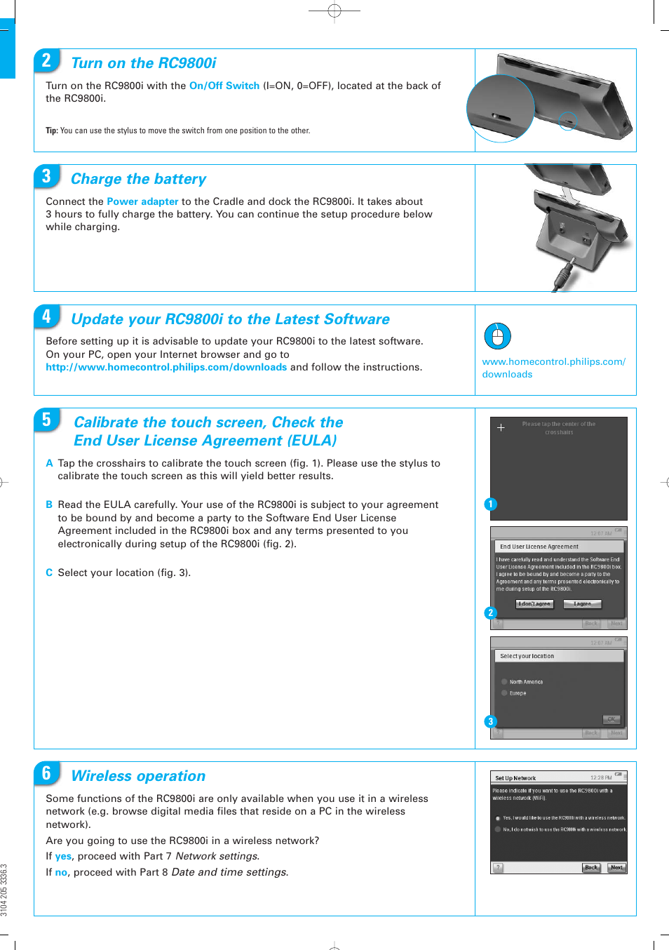 Turn on the rc9800i, Charge the battery, Update your rc9800i to the latest software | Wireless operation | Philips RC9800i User Manual | Page 2 / 6