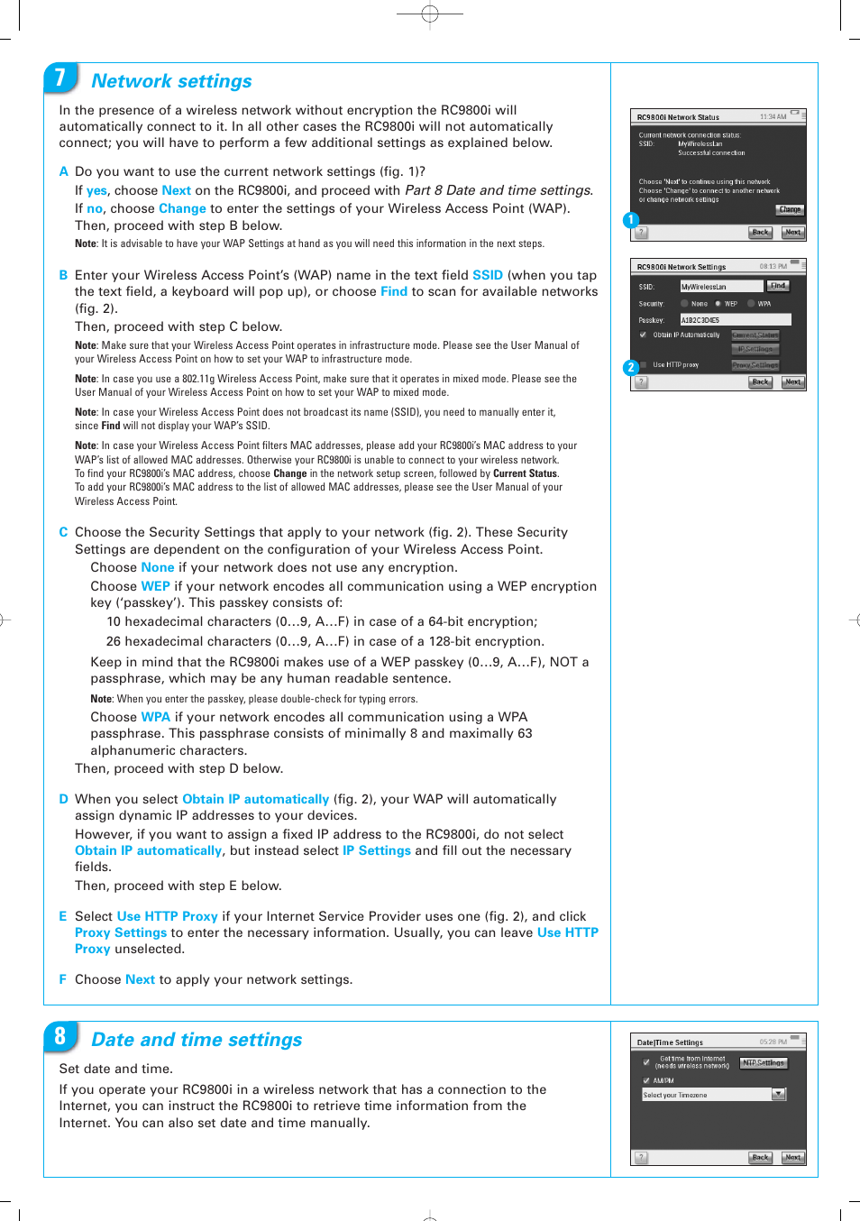 Network settings, Date and time settings | Philips RC9800i User Manual | Page 3 / 6